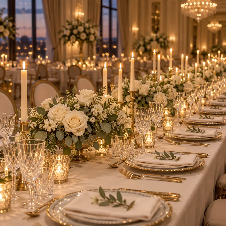 Mesa de honor de boda con mantel marfil, candelabros dorados y rosas blancas