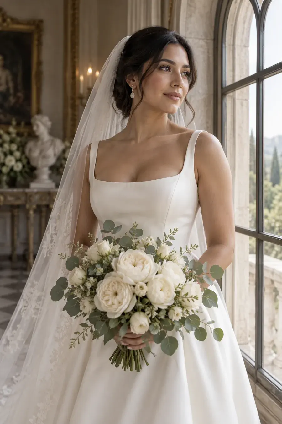 Novia con velo y ramo de peonías blancas junto a una ventana de palacio