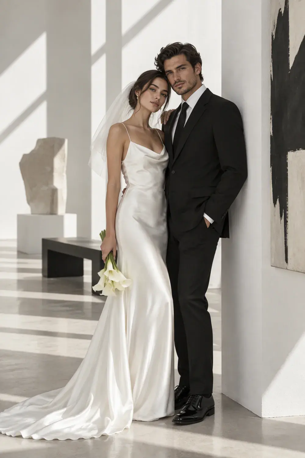 Novios en una galería minimalista blanca, ella con vestido de satén y él con traje negro