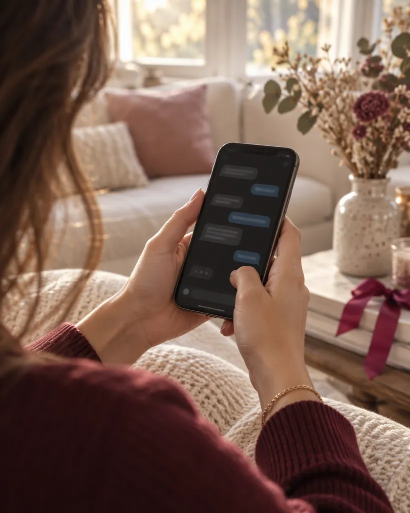 Cliente enviando los datos de su fiesta por WhatsApp desde el celular, sentado en su sala
