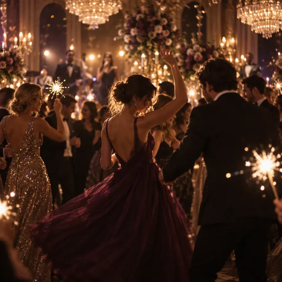 Invitados bailando con luces cálidas