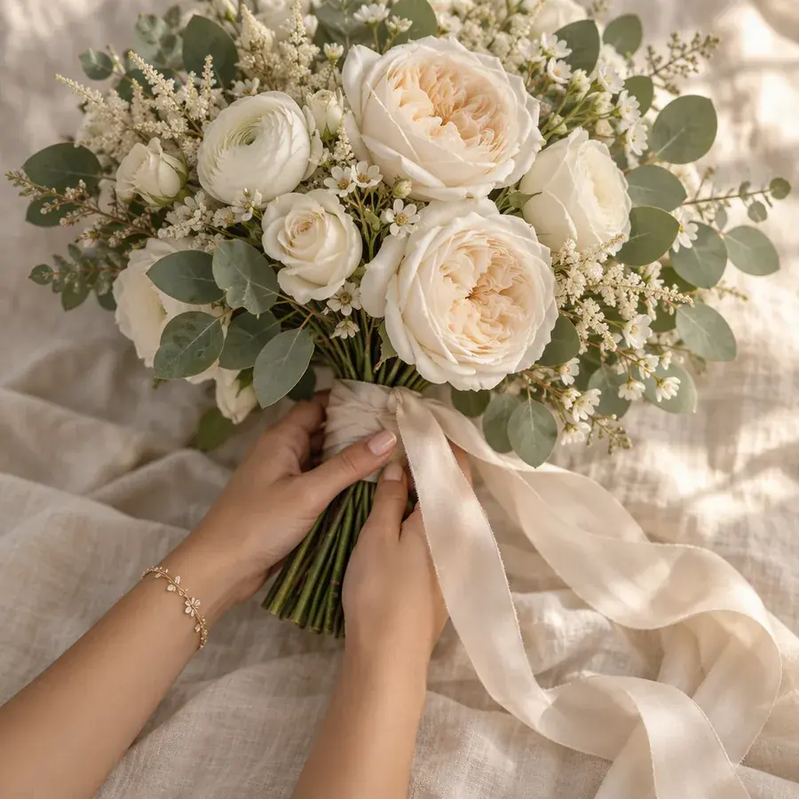 Ramo de rosas blancas y eucalipto