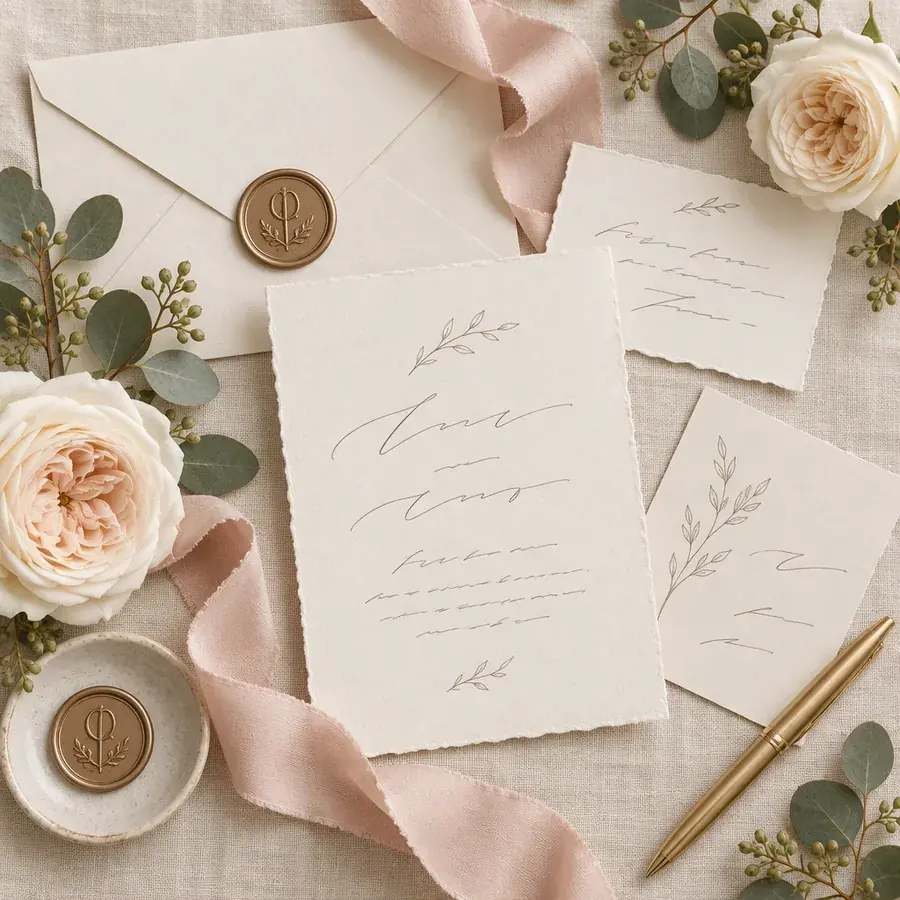 Papelería de la invitación con sello de cera y rosas