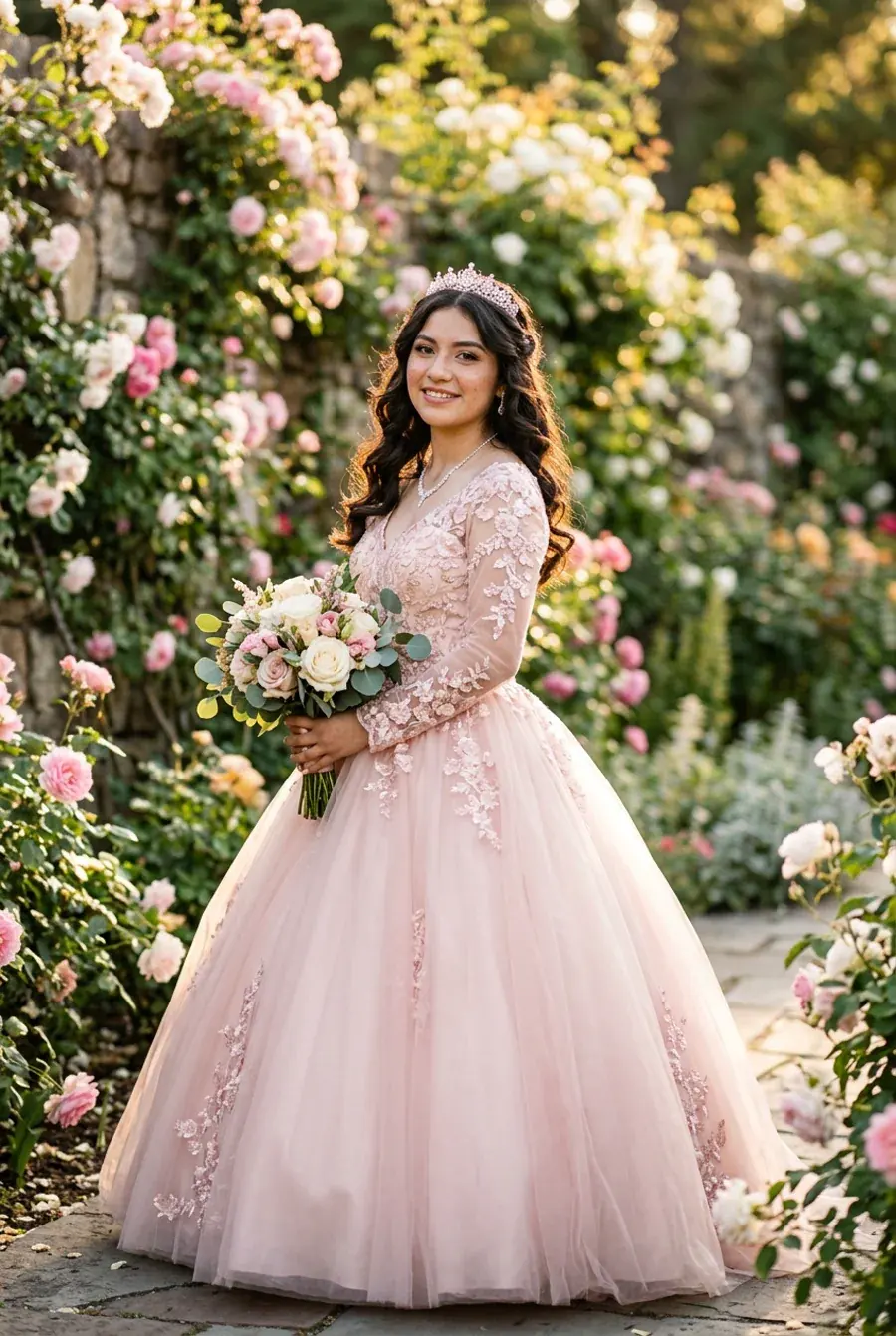 Retrato de quinceañera con tiara y ramo en un jardín