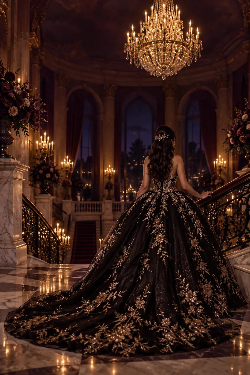 Quinceañera con vestido negro y dorado en un salón de gala