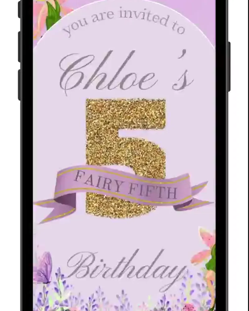 Invitación de hadas (Fairy) en video — 5 años — morada